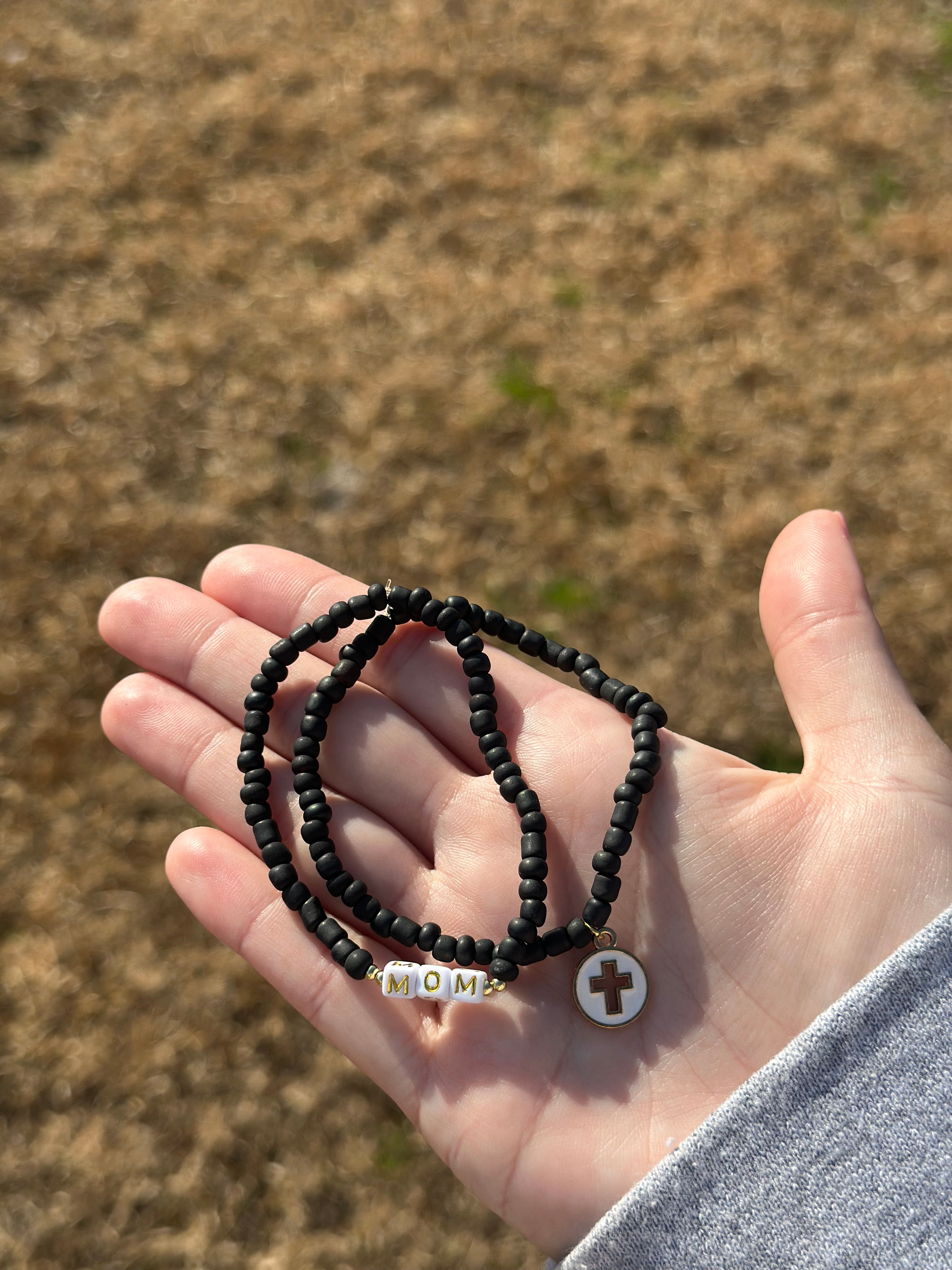 Mom and Cross Bracelet Set- Black and Gold